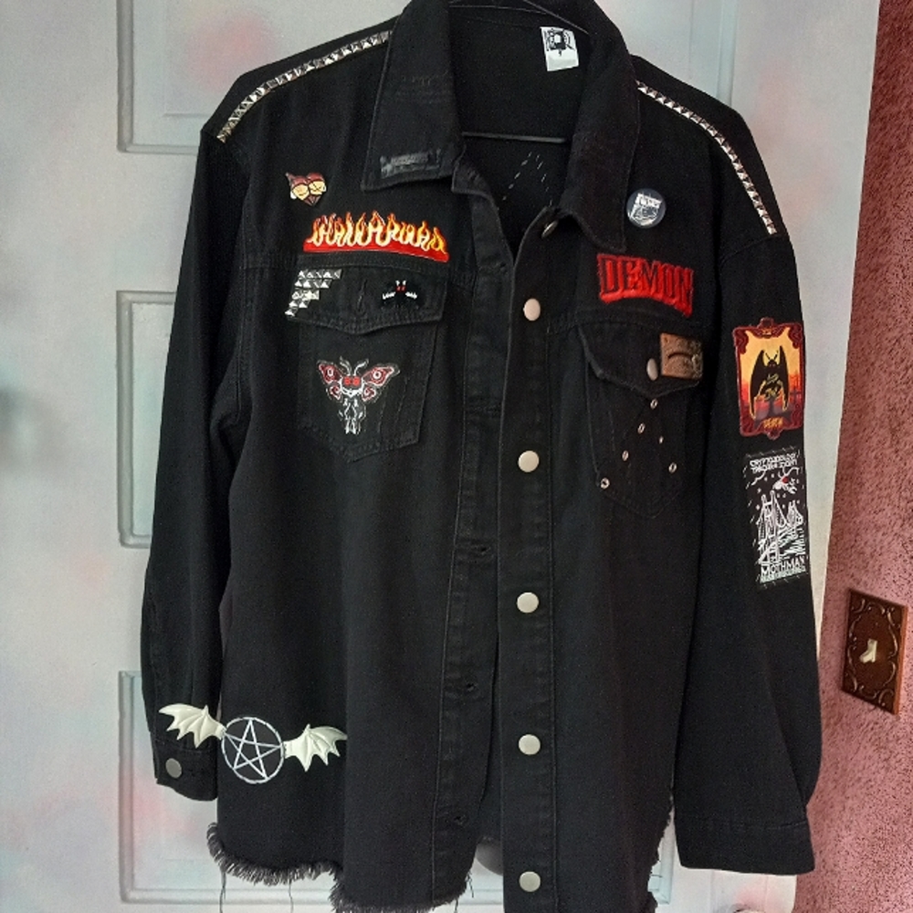 Custom plus Demon/mothman hell raiser RAGE black denim jacket! OOAK!
